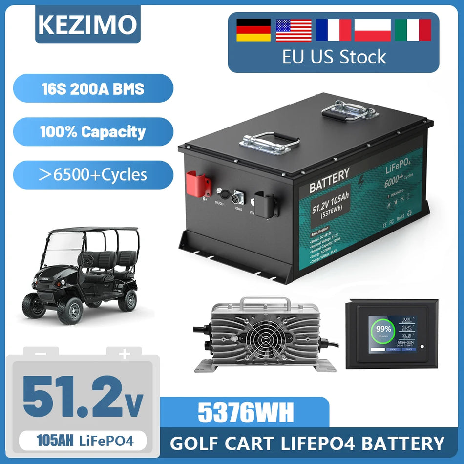 Batteria per golf cart LiFePO4 48V 105Ah 5 kWh con BMS intelligente integrato e caricabatterie con monitor touch