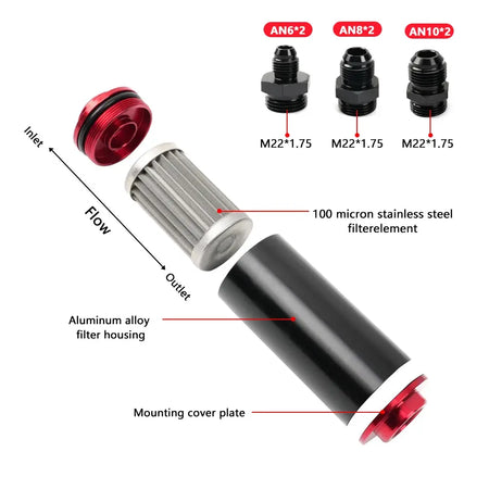 Universal 100 Micron Inline Fuel Filter Kit with 6AN 8AN 10AN Adapters & 50mm Mounting Bracket & Wrench Cleanable Black/Red by InterCyprus Trading Ltd