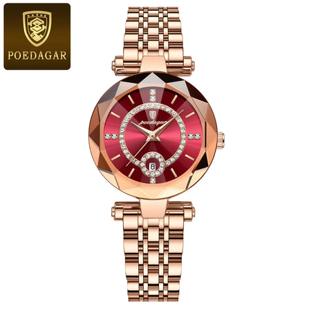 POEDAGAR Women's Luxury Diamond Quartz Watch - Waterproof Stainless Steel Rose Gold Red