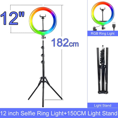 Dimmable RGB LED Selfie Ring Light with Adjustable Tripod 12 inch 150cm