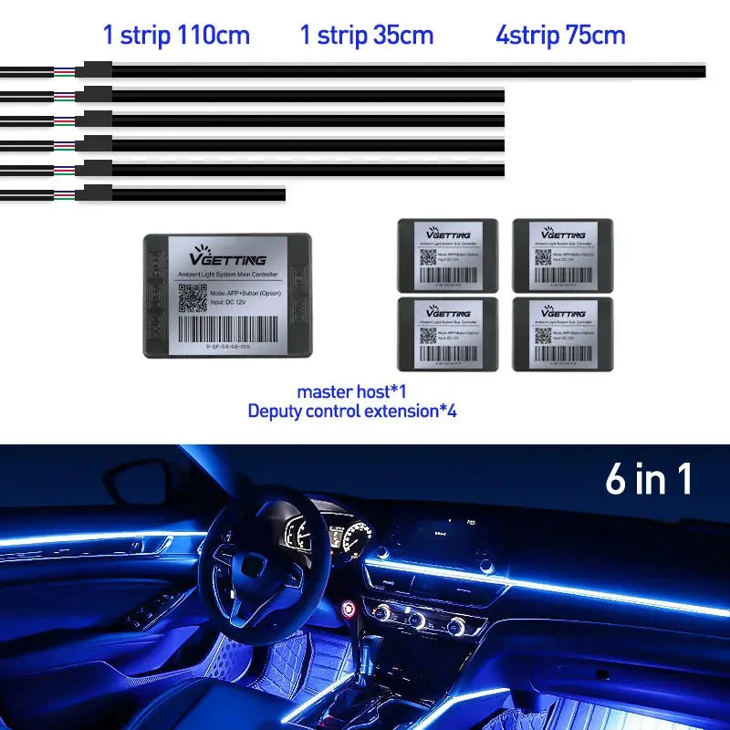 Full Color Streamer Car Ambient Lights RGB 64 Color Universal LED Interior Hidden Acrylic Strip Symphony Atmosphere Lamp by InterCyprus Trading Ltd
