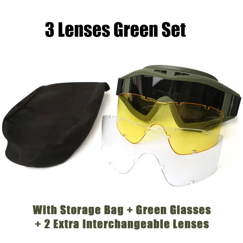 Tactical Goggles with 3 Interchangeable Lenses, Windproof Dustproof Safety Glasses for Outdoor Climbing Sport Protective Eyewear 3 Lenses Set Green