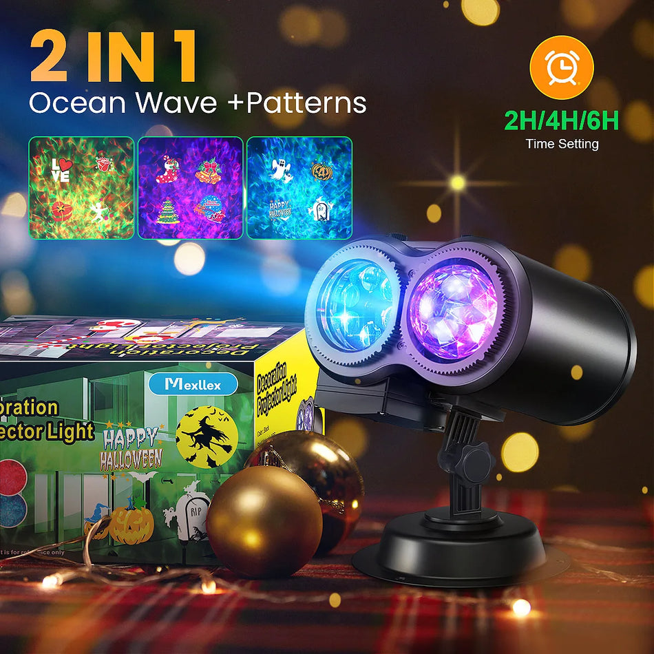 Proiettore Luci Festive 2 in 1 con Motivi Onde Oceaniche, Timer, Decorazione Natalizia e Halloween LED da Esterno