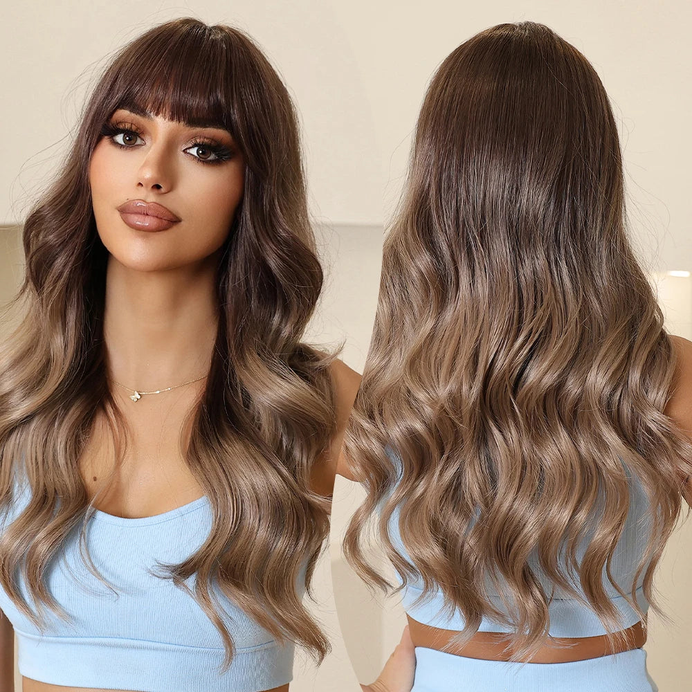 Long Wavy Layered Synthetic Wig with Brown Highlights and Side Bangs LC1170-1 / 24inches
