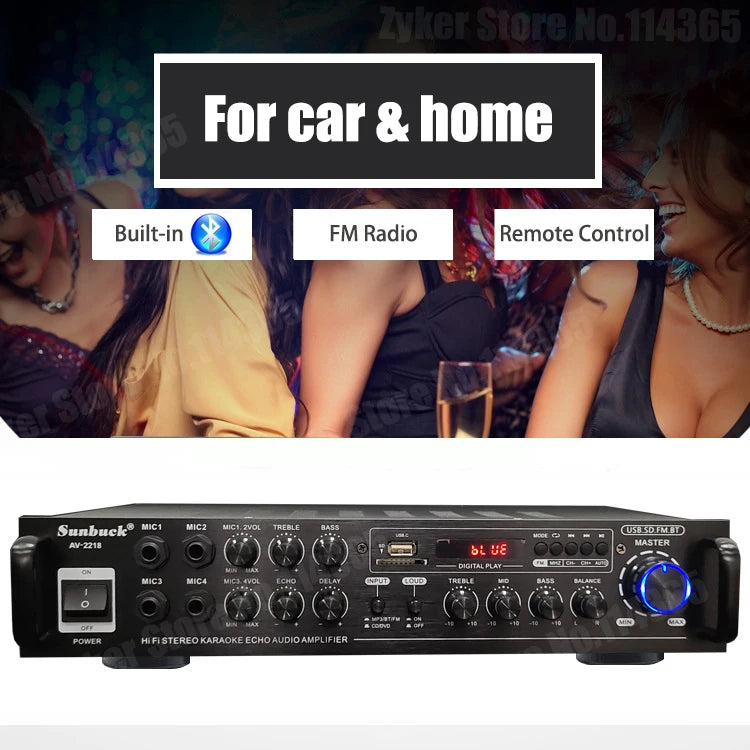 AV2218/326BT Bluetooth Sound Amplifier For Home Car Karaoke Digital Audio Stereo Amplify Support FM USB SD 4 Mic Input Max 4000W