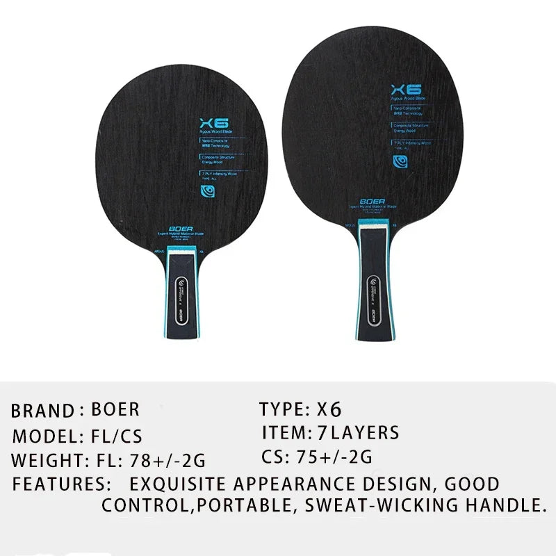 X6 ITTF-Approved Table Tennis Paddle Short and Long Handle, Wood Carbon Blade