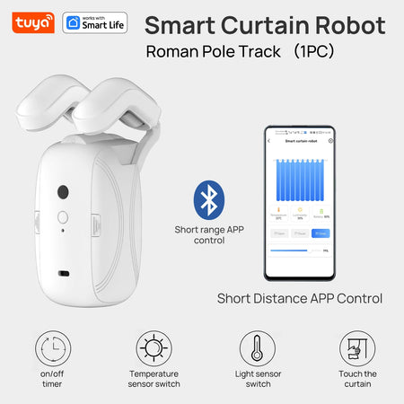 Tuya Smart Curtain Robot ( Roman Rod Track) Bluetooth APP Short Range Control, Timed switch, Pull-to-start, 8KG load capacity WHITE