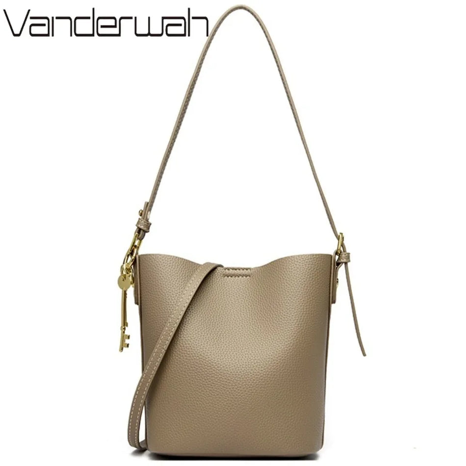 Geantă tip găleată din piele PU de lux pentru femei, geantă de umăr cu două chei incluse, artizanat de înaltă calitate