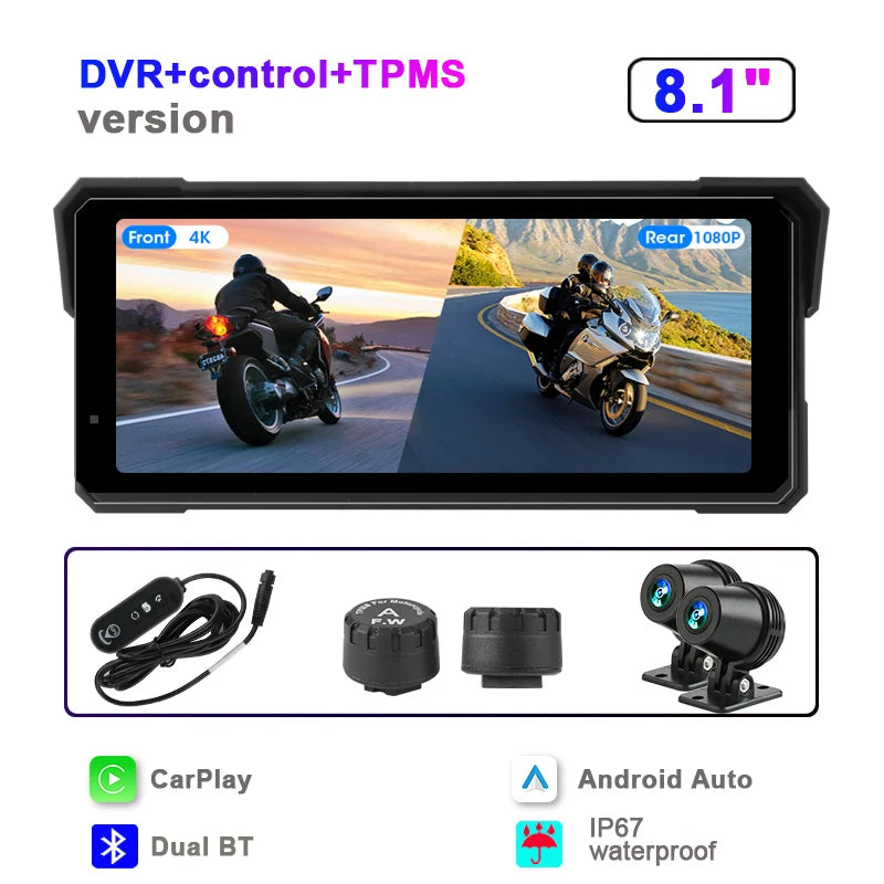 Srnubi Universal 8.1 Inch Motorcycle GPS Navigation &ndash; 4K Dual Lens Recording 4K DVR-Button-TPMS / 32G