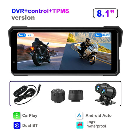 Srnubi Universal 8.1 Inch Motorcycle GPS Navigation &ndash; 4K Dual Lens Recording 4K DVR-Button-TPMS / 32G