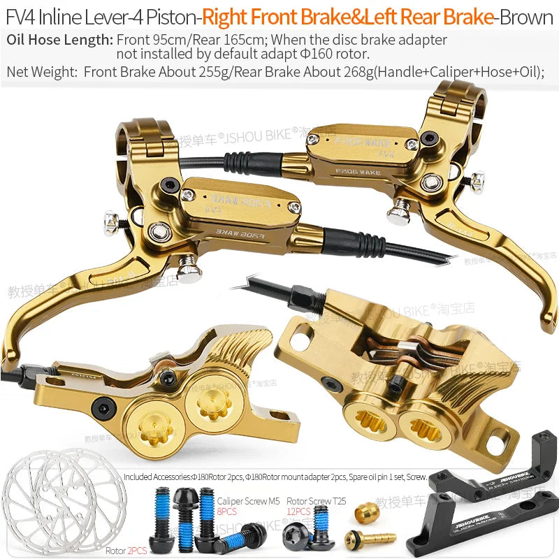 Frog Wake MTB Hydraulic Disc Brake Kit - 4 Piston Superior Stopping Power RF-LR Brown