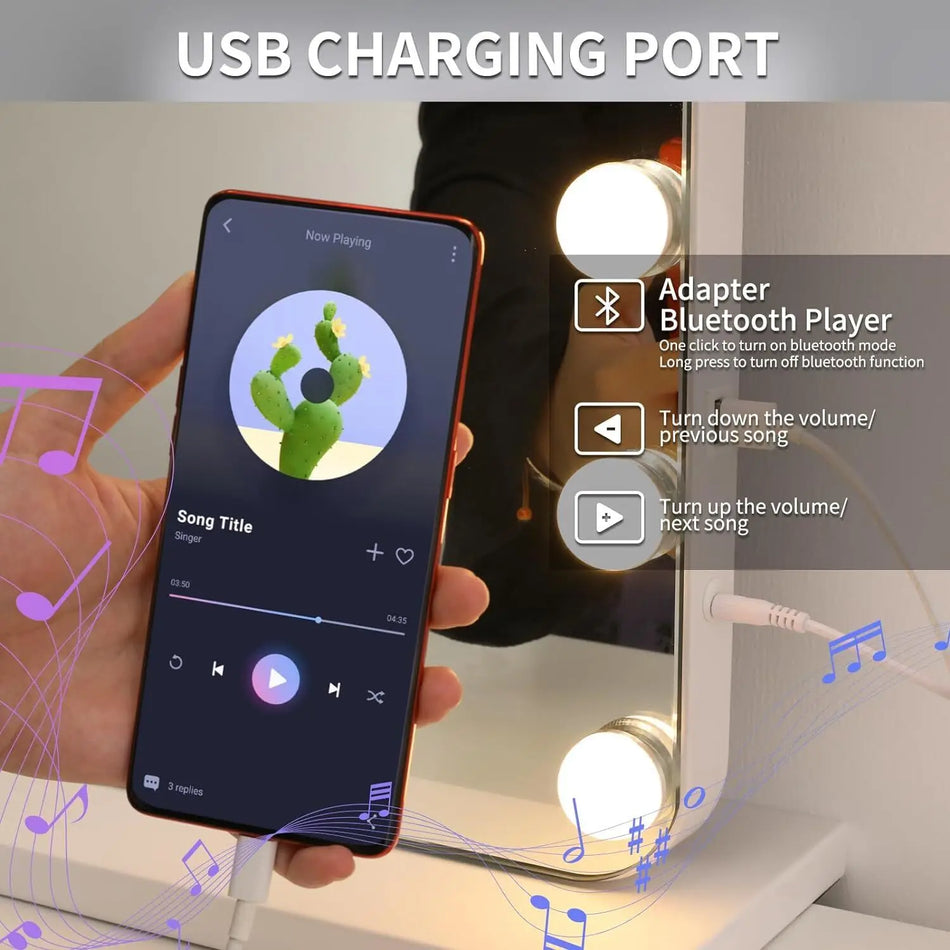 Espelho de Maquilhagem Hollywood 80x60cm com 20 Luzes LED Bluetooth