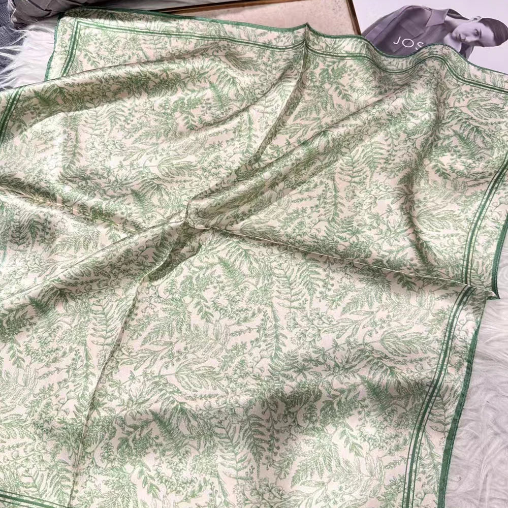 Green Women 100% Mulberry Silk Scarf &ndash; Elegant Floral Design for Versatile Styling