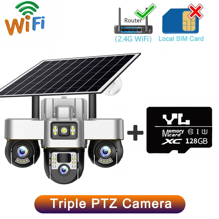 15MP WIFI Three PTZ Solar Camera Three screen PIR Human Tracking Security CCTV Surveillance IP Camera PTZ control for all 3 Lens WIFI Cam 128G Card