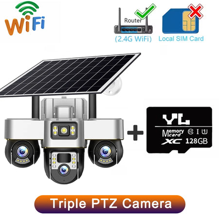 15MP WIFI Three PTZ Solar Camera Three screen PIR Human Tracking Security CCTV Surveillance IP Camera PTZ control for all 3 Lens WIFI Cam 128G Card