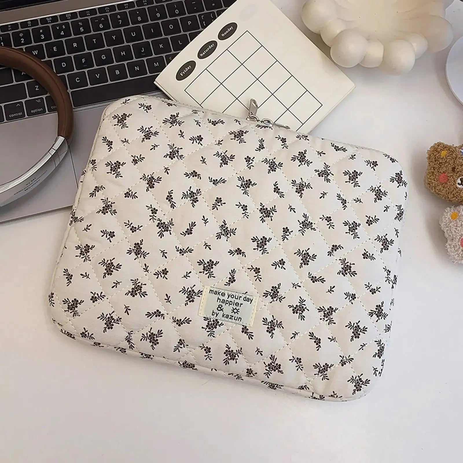 Maple Leaf Fluffy Padded Laptop Sleeve Embroidered Case L / Black