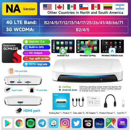 Carlinkit Ai Box Android 13 Wireless CarPlay HDMI Output QCM 6225 NA / 8GB 128GB