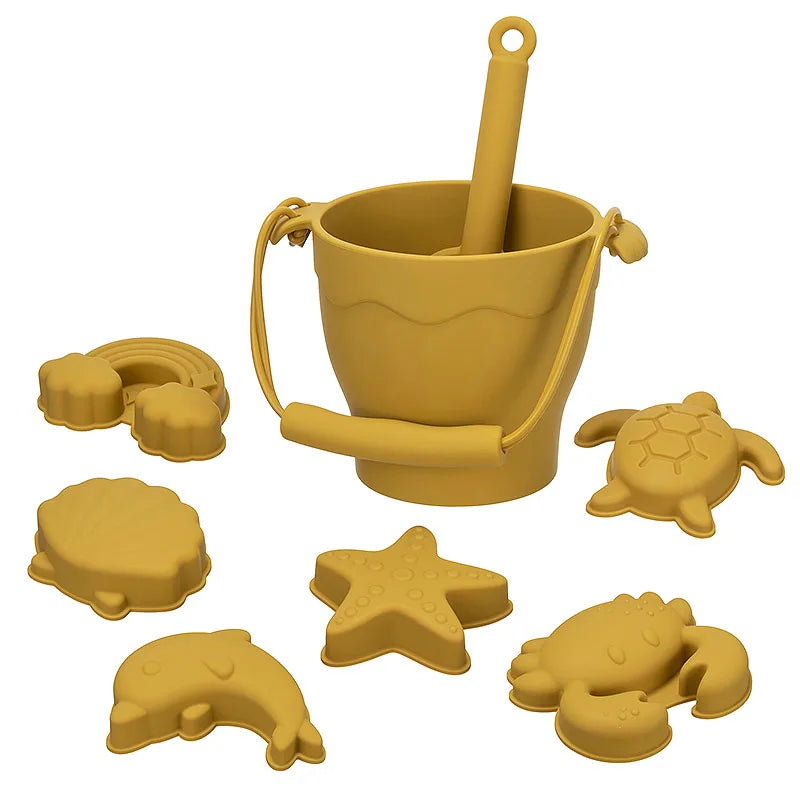 Silicone Beach Toy Set for Kids - 8 Piece Sand Play Set with Bucket and Fun Accessories for Outdoor Fun CED0002-B