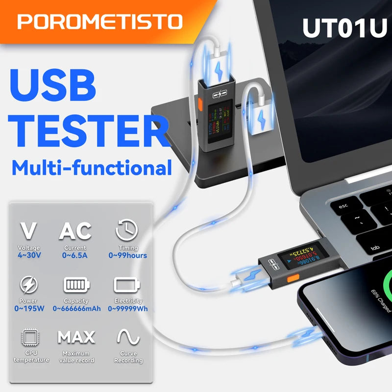 Digitální voltmetr s USB Type-C, tester baterií a kapacity, DC 4-30V