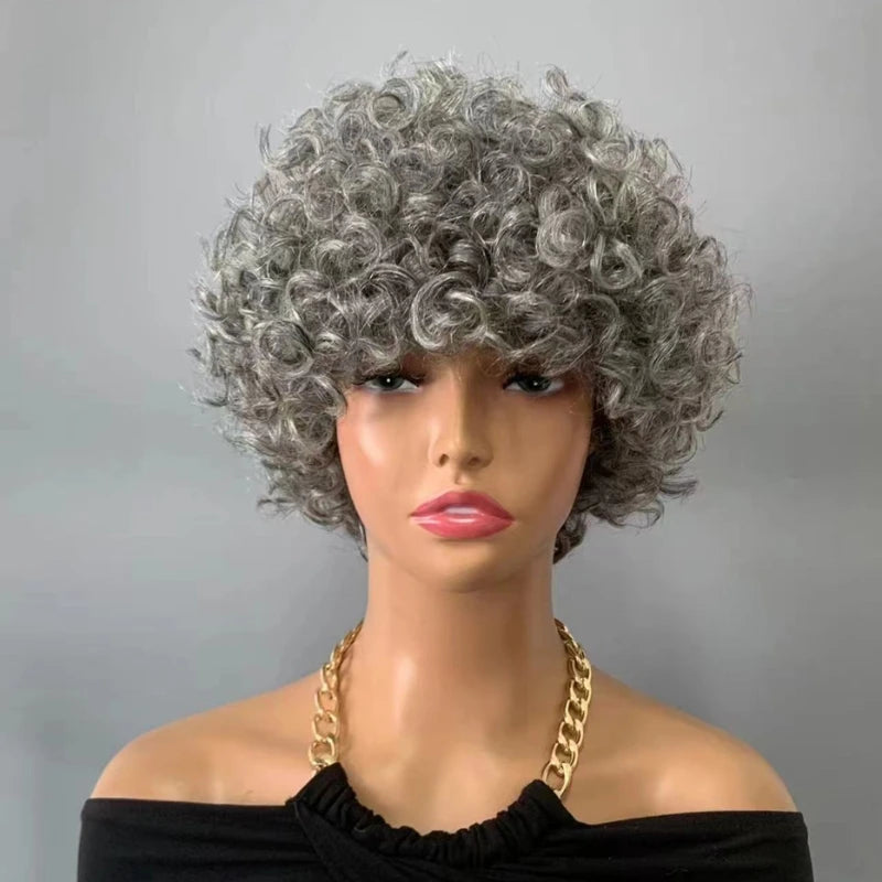 Miss Rola 100% Human Hair Wavy Pixie Cut Wig with Gray and Black Highlights Gray 5.5 inch / CHINA / 4inches