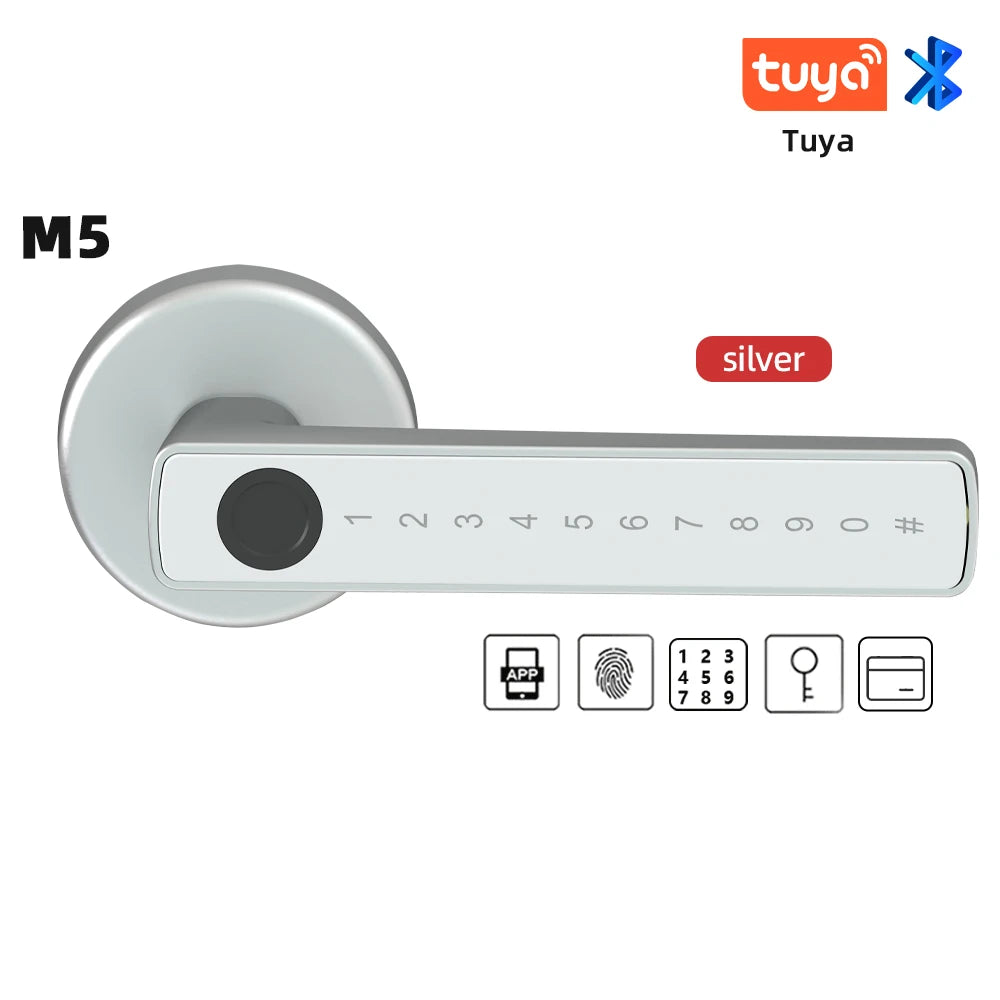 RAYKUBE M5 Tuya BLE Smart Fingerprint Door Lock Digital Electronic Lock with Password/Key/IC Card/ Smartlife/ Tuya APP Unlock M5 Silver