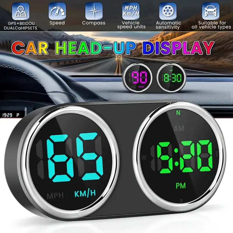 Car HUD Speedometer with Digital Clock and Over Speed Alarm, 7 Color KMH MPH