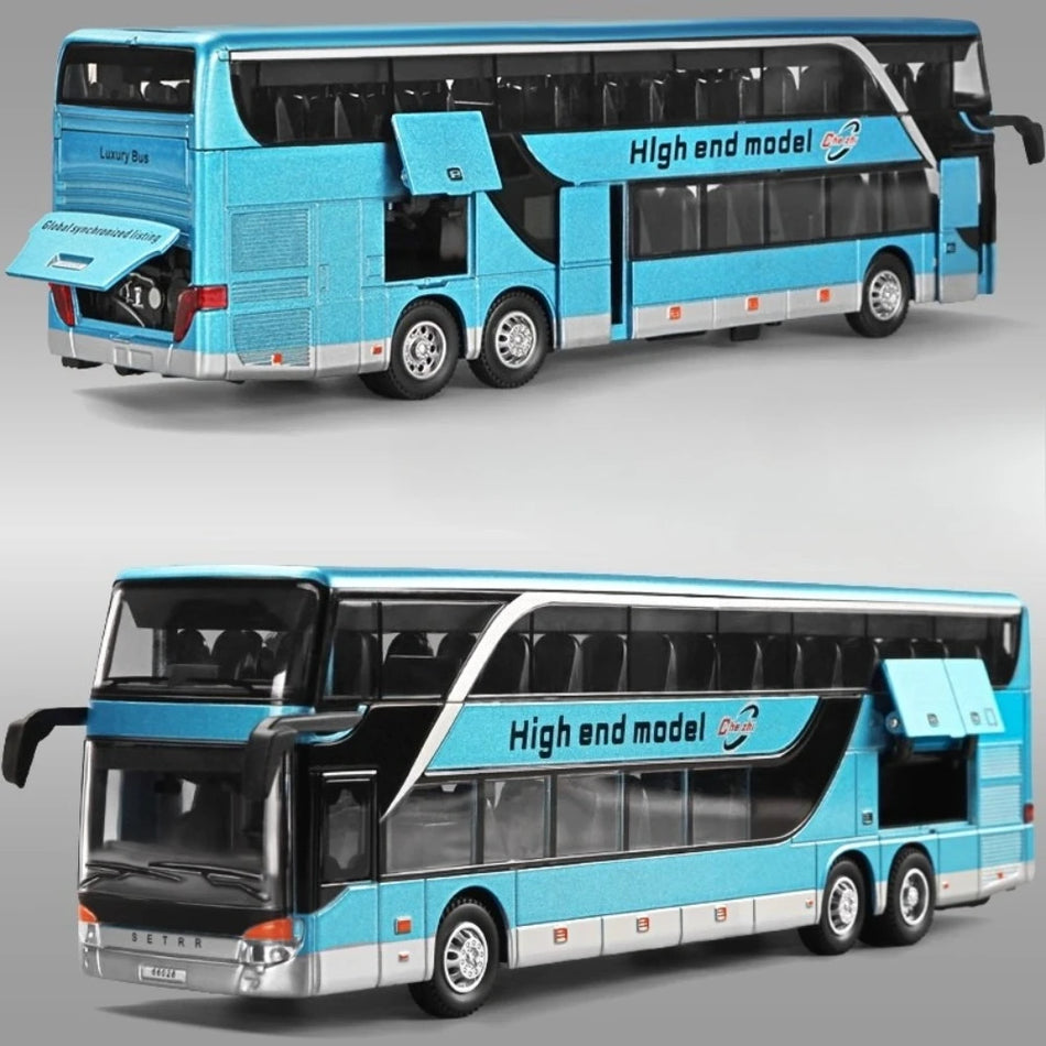 Diecast 1:30 mēroga divstāvu autobusa modelis ar skaņu un gaismu, ar atpakaļejošu vilkšanu.