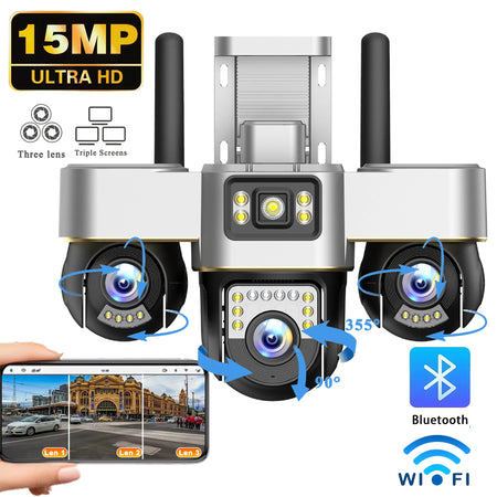 15MP Three Screens IP Camera Wireless Outdoor Three Lens PTZ Lens Audio Human Auto Tracking Surveillance Wifi Cameras Waterproof