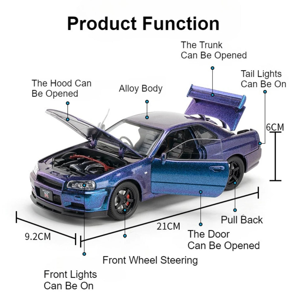 1:24 GTR Skyline R34 Diecast Car Model Toy With Lights And Sound, Pull-Back