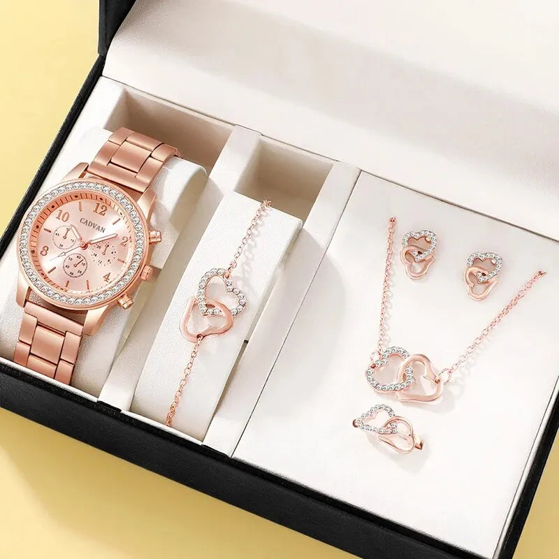 6PCS Rose Gold Luxury Rhinestone Jewelry Set with Watch, Ring, Necklace, and Earrings Rose Gold