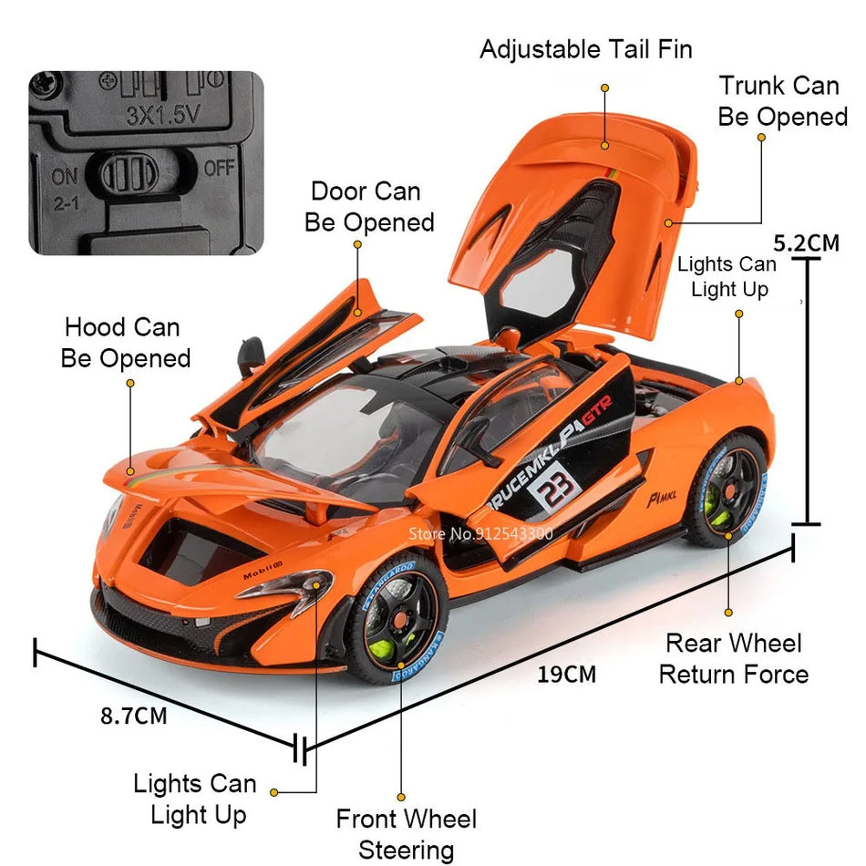 1:24 Diecast Senna Car Model With Opening Doors, Light Sound, Pull Back