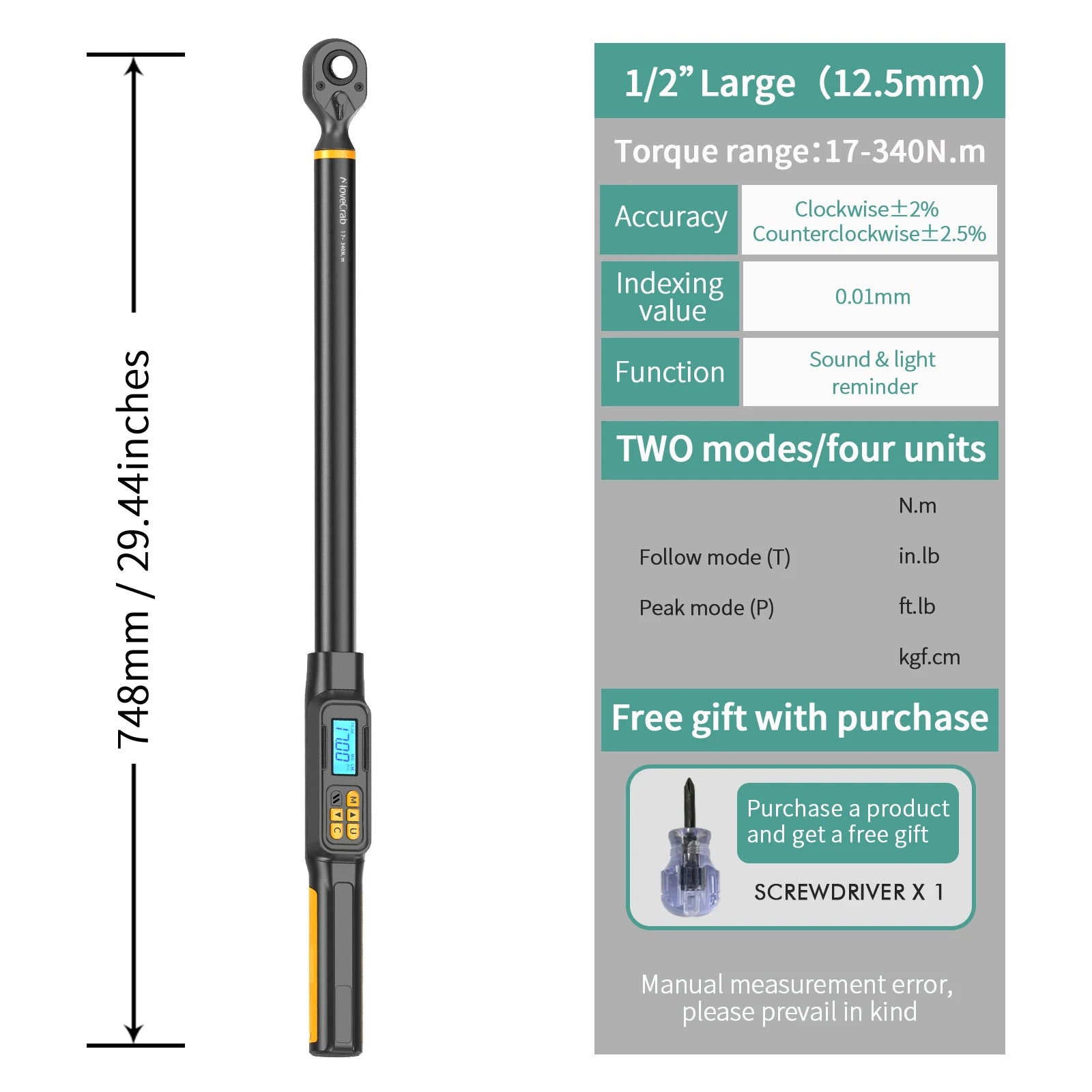 MOVECRAB Digital Torque Wrench 1.5-340N.m &ndash; High Precision with Buzzer and LED Notification 17-340N.m