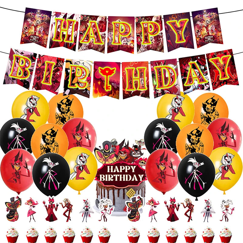 Hazbined Birthday Party Decoration Set with Balloons, Banner, and Cake Topper