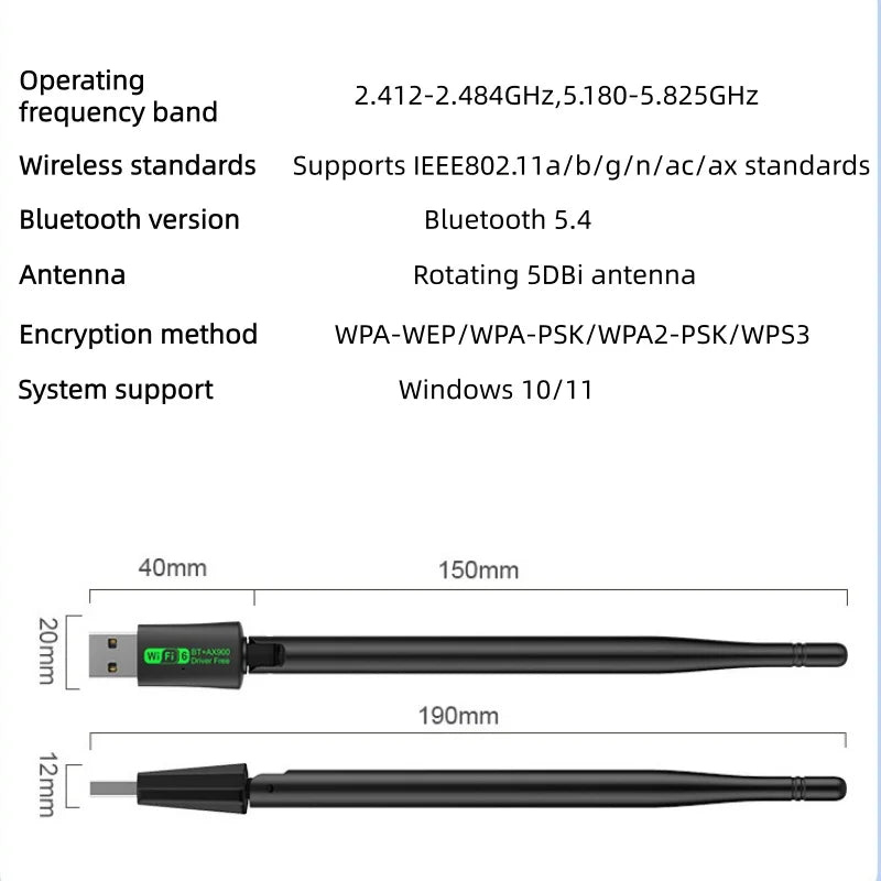 Αντάπτορας AX900 WiFi 6 USB με Bluetooth 5.4, Διπλής Ζώνης 2.4/5GHz, Χωρίς Οδηγούς