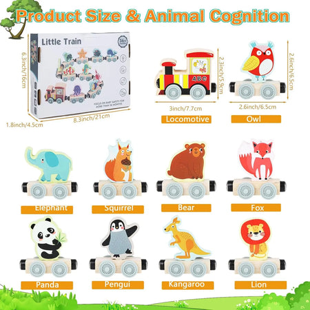 Montessori Magnetic Wooden Educational Train Set - Learning Colors and Animals Puzzle for Kids, Includes 10 Carriages with Cute Themes