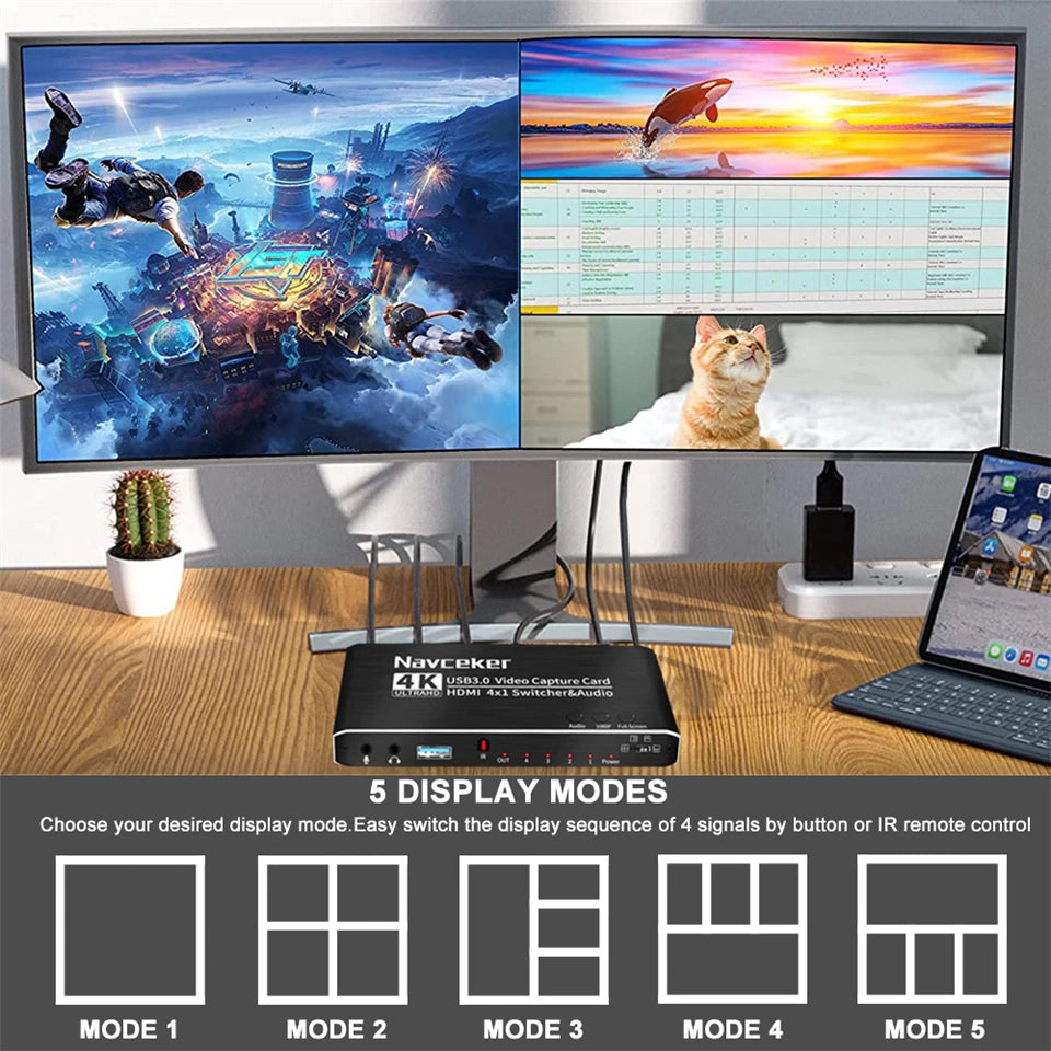 2023 4 Port 4K Video Capture Card USB 3.0 HDMI Grabber for Seamless Camera Recording &amp; Live Streaming