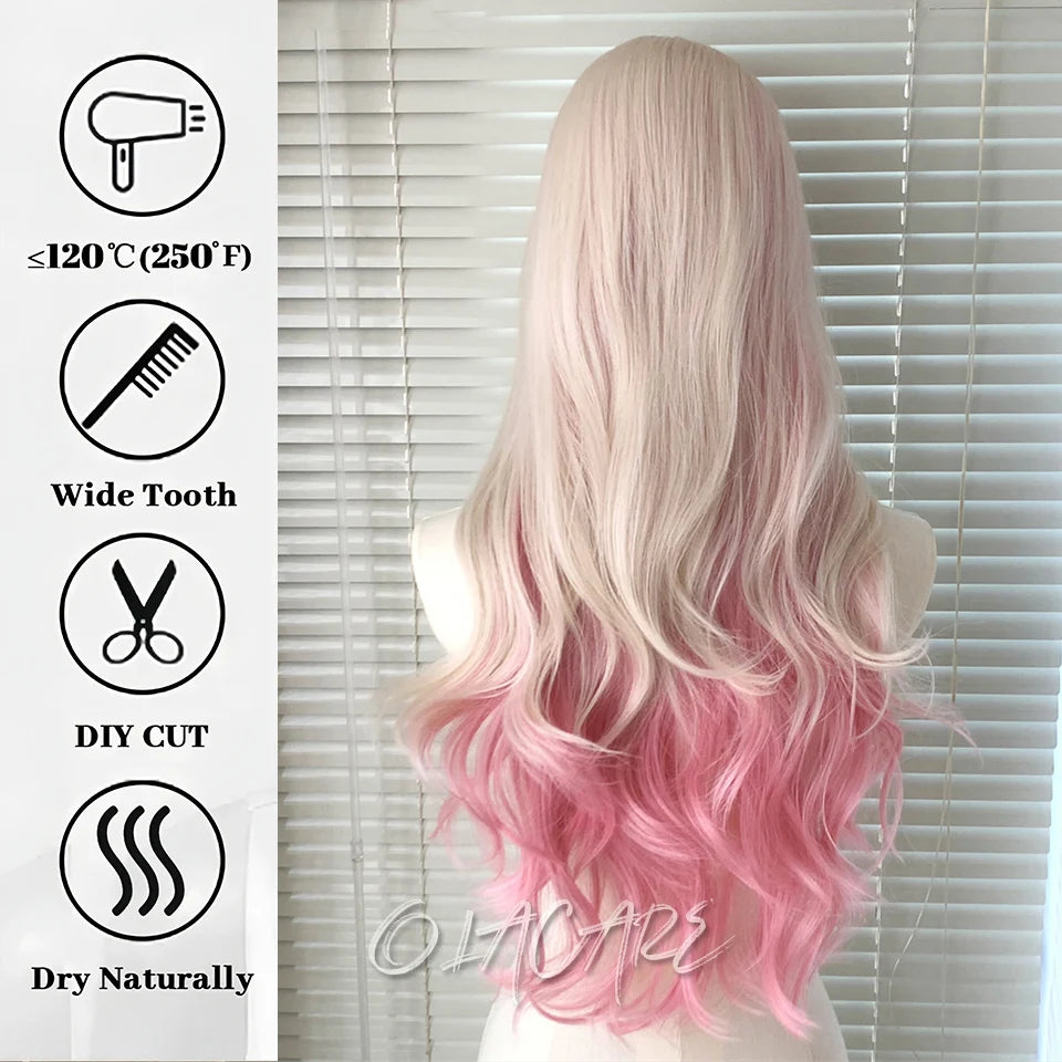 OLACARE Long Curly Wavy Pink Blonde Synthetic Wig with Fluffy Bangs