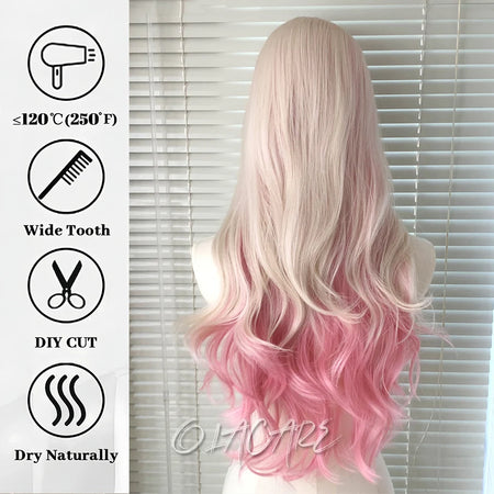 OLACARE Long Curly Wavy Pink Blonde Synthetic Wig with Fluffy Bangs