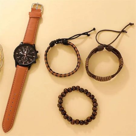 Luxury Brown Leather Quartz Watch with Bracelet Set for Men