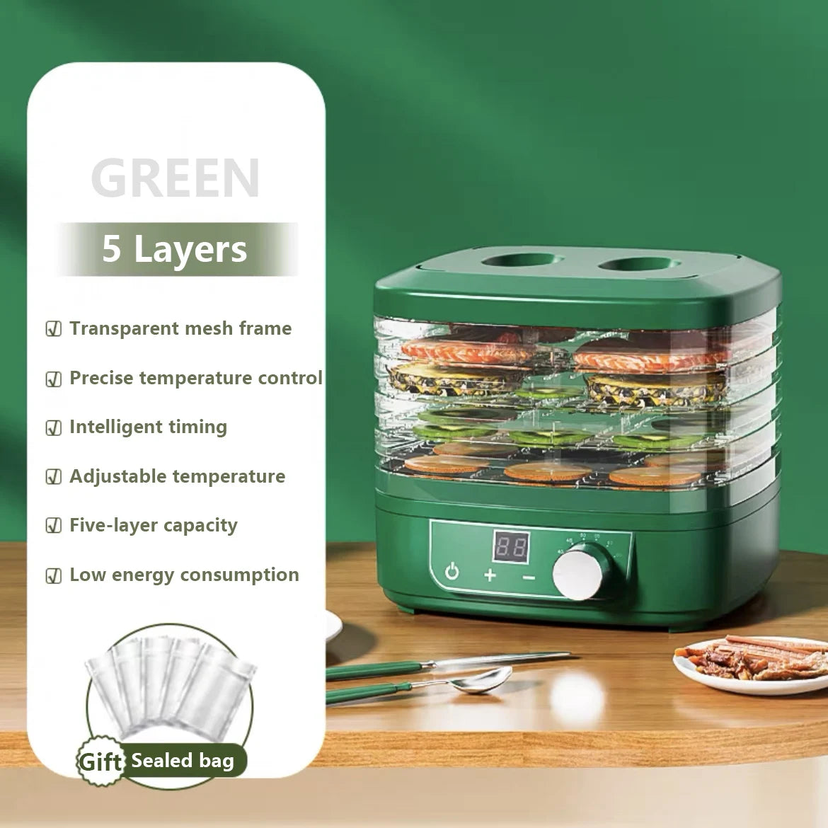 CUKYI Mini Food Dehydrator &ndash; Adjustable Temperature and Five Trays Green 5 Layer / CHINA
