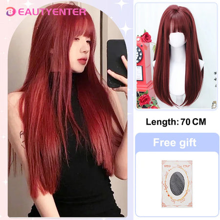 BeautyEnter Pink Long Straight Wig with Bangs for Cosplay and Daily Use Silver