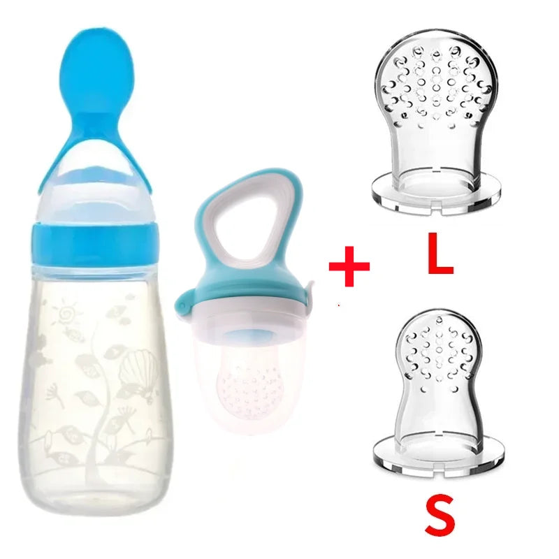 Safe Silicone Baby Feeding Spoon Bottle and Fruit Feeder Kit Blue 4Pcs Set A