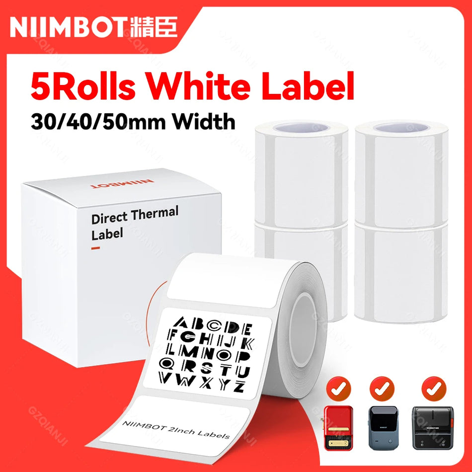 5 ruļļi Niimbot termiskās etiķetes papīra, ūdensizturīgs, 30/40/50mm plats B1/B21/B203