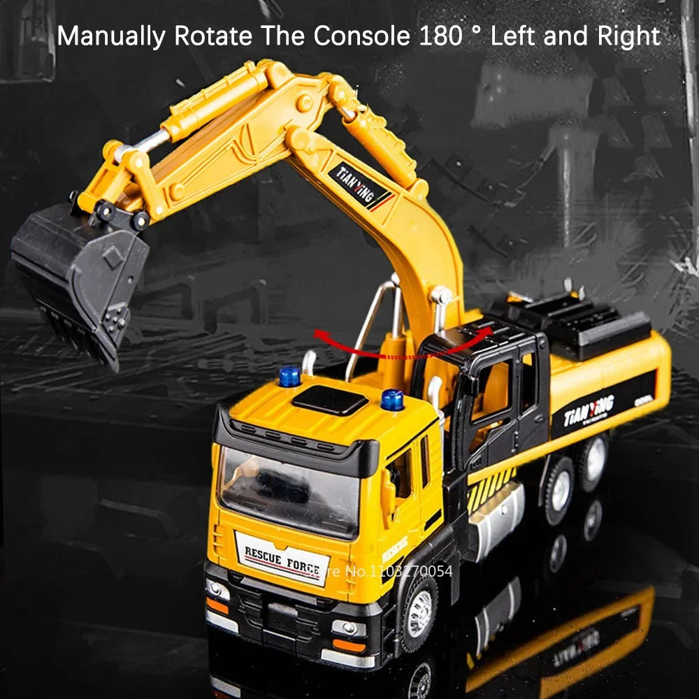 1/32 Excavator Blender Truck Model Car Toys Alloy Diecast Engineering Vehicle Rubber Tire Sound Light Pull Back Toy Gift for Kid
