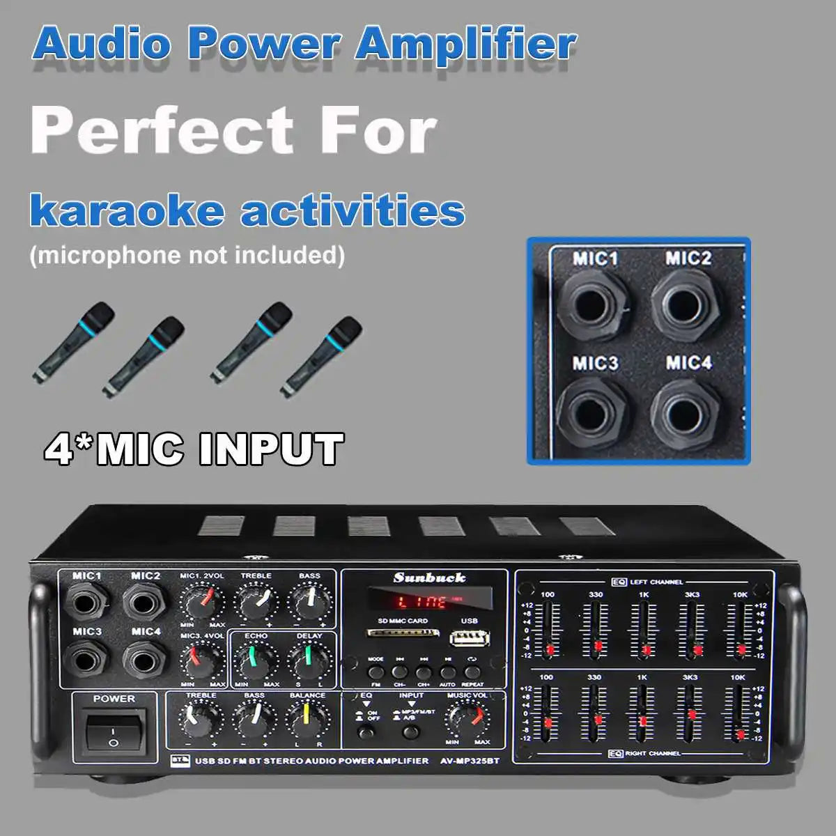 8000W Bluetooth Amplifiers Support 4 Way Microphone Input USB SD FM AUX Digital Audio Stereo Amplificador Speaker Remote Control