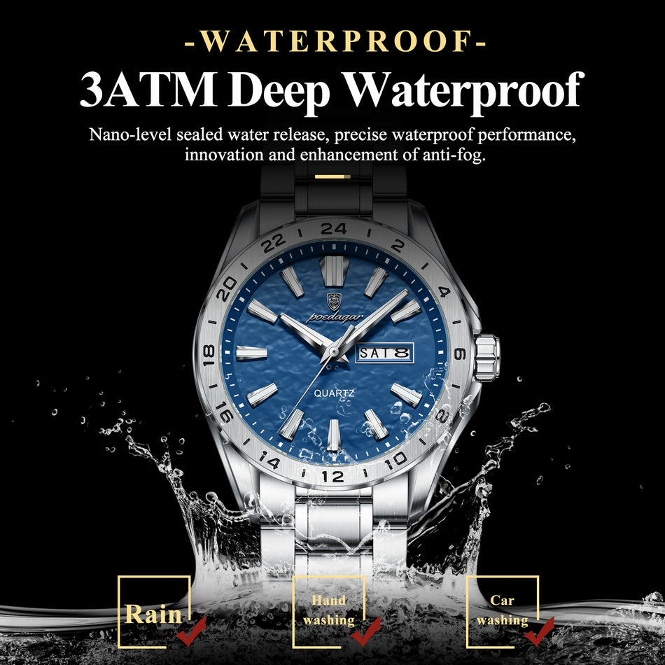 POEDAGAR Stainless Steel Men's Wristwatch, Waterproof, Luminous, Date, Quartz