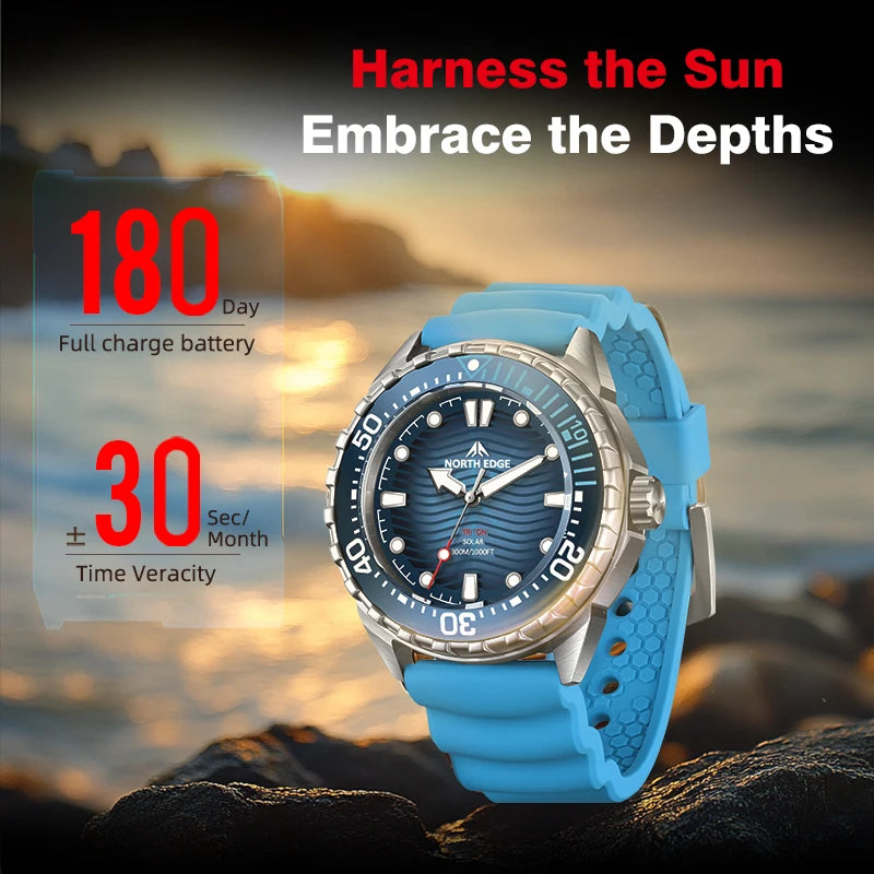 NORTH EDGE TRITON Solar Powered Luxury Diving Watch - 300M Waterproof Quartz