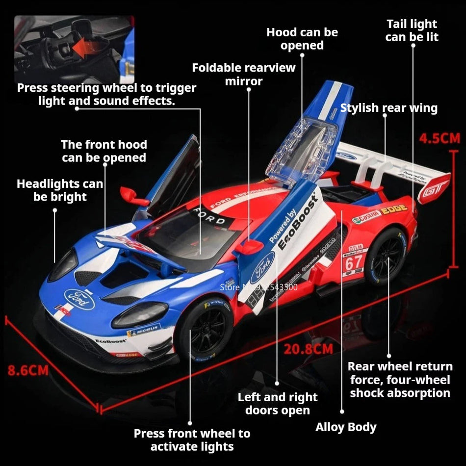 Model avtomobila v merilu 1:24 iz diecast materiala s odprtimi vrati in povlečno dekoracijo.