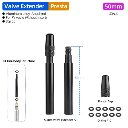 Deemount Presta Valve Extender &ndash; Durable CNC Aluminum Alloy Construction 50mm Black K1 / CHINA