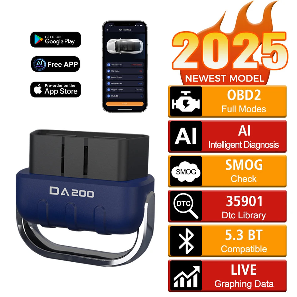 Lettore di Codici OBD2 Scanner Bluetooth AI per Auto, Tester Sensore O2 DA200